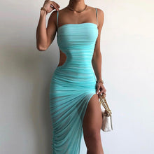 Load image into Gallery viewer, Mesh Maxi Dress Sexy Hollow Spaghetti Straps Bodycon Party Dresses for Women 2022 Summer Blue High Split Evening Club Outfits