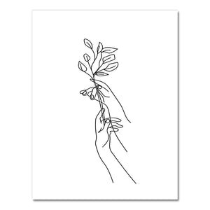 Wall Art Line Drawing Girl Print Minimalist Simple Fashion Poster Women Flower Leaf Body Sketch  Black White Canvas Painting