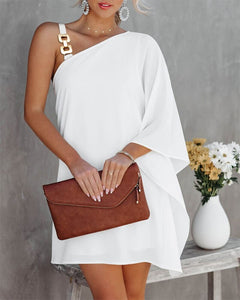 Summer Women Fashion Casual Loose Dresses Plus Size Solid Color One Shoulder Elegant Chain Strap Asymmetrical Neck Casual Dress
