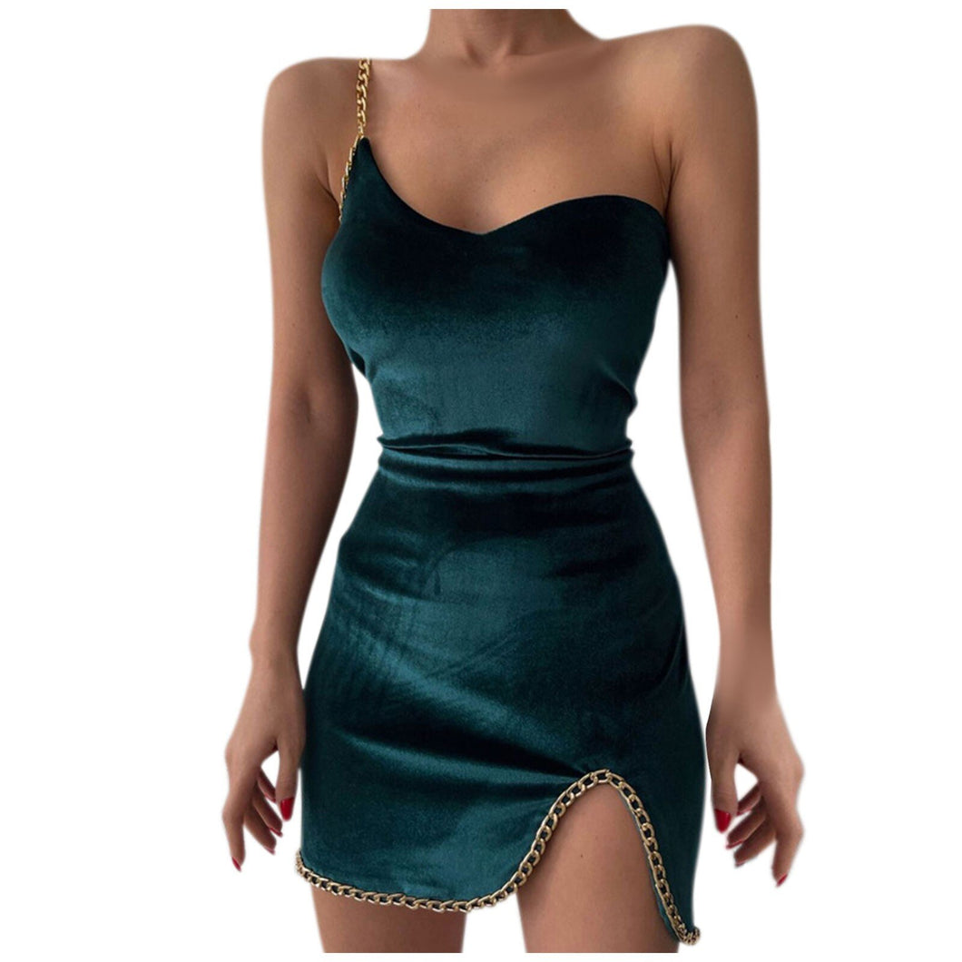 Plus Size Dresses For Women 2022 Sexy Slit One Shoulder Mini Dress Women's Off Back Chain Sling Tight Hip Dress Платье Женское