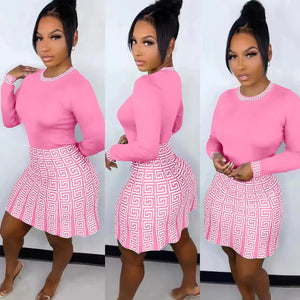 Spring Summer Two Piece Set Women Fashion Round Neck Long-sleeved Tshirt Labyrinth Print Short Skirt Suit Casual Two Piece Set W