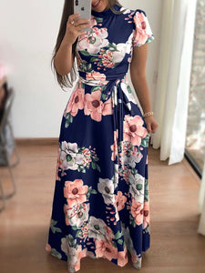 Women Summer Short Sleeve Flower Print Long Dress Casual Slim Sashes O-neck High Waist Robe Party Maxi Vestidos Plus Size 2022