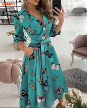 Load image into Gallery viewer, GODDESS spring and summer fashion new women&#39;s V-neck wave print long-sleeved loose and comfortable bright shirt dress