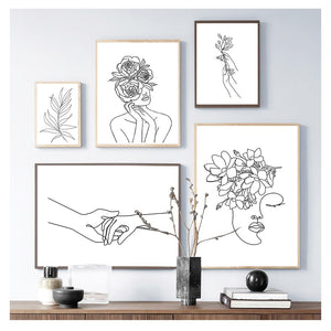 Black White Canvas Painting Wall Art Line Drawing Girl Home Decor Minimalist Simple Fashion Poster Women Flower Leaf Body Sketch