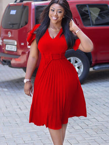 Women Pleated Dresses High Waist Short Sleeves A Line Modest African Office Ladies Work Wear Date Elegant Classy Robes Vestidos