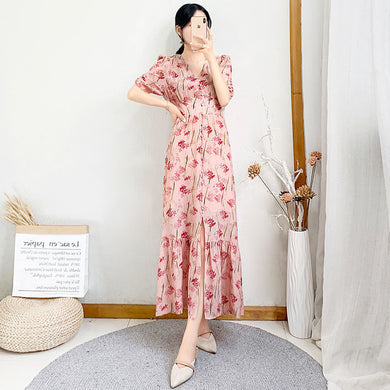 France Vintage Print Korean Summer Bohemian Chiffon Dress Unif Women Flower Casual Party Sexy Dress Boho Chic Long Dresses