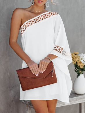Summer Women Fashion Sexy Solid Plus Size Elegant Dress Going Out Long Sleeve Oversized Contrast Lace One Shoulder Casual Dress