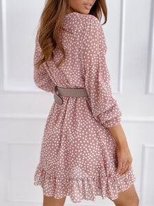 Spring  Summer New Wave Dot Print Pink Sweet Commuting Sexy V-neck Long Sleeve Ruffle Dress Short Skirt Office Lady Woman Dress
