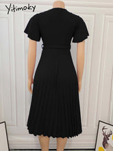 Load image into Gallery viewer, Women Pleated Dresses High Waist Short Sleeves A Line Modest African Office Ladies Work Wear Date Elegant Classy Robes Vestidos