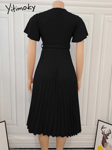 Women Pleated Dresses High Waist Short Sleeves A Line Modest African Office Ladies Work Wear Date Elegant Classy Robes Vestidos