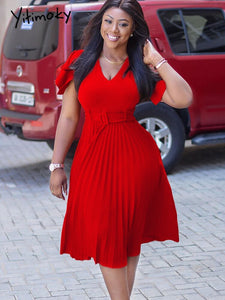 Women Pleated Dresses High Waist Short Sleeves A Line Modest African Office Ladies Work Wear Date Elegant Classy Robes Vestidos