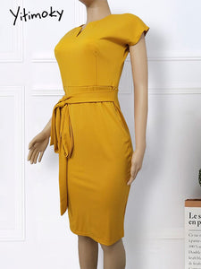 Yellow Elastic Dress Large Size Ladies Women Bodycon Dresses Office Ladies Work Waist Belt Modest Classy African Fashion XXXL XL