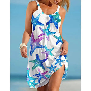 New Fashion Brand Starfish 3D Print Beach Dress Women O-Neck Sundress Sleeveless Dresses Bikini Summer Beachwear Holiday Dress