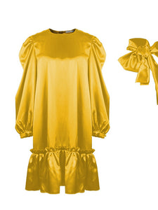 Women Loose Dresses With Bowtiw Scarf O Neck Long Lantern Sleeves Ruffles Pleated African Large Size Lady Female Vestidos Robes