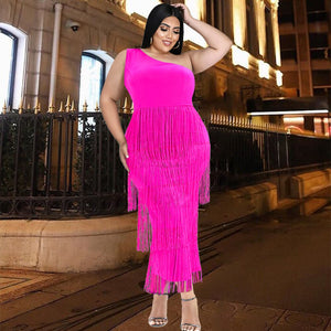 Plus Size Dresses Elegant Chic Tassel Summer Sleevleess Evening Party Dress for Women Fashion One Shoulder Boacyon African Dress