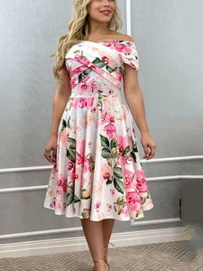 Sexy Wrap Cross Off Shoulder Party Dresses Elegant Short Sleeve Loose Pleated Dress Women Fashion Flower Print Slim A-Line Dress