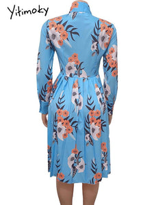 Women Printed Pleated Dress Long Sleeves with Bowtie Floral Knee Length Elegant Office Ladies Classy Fashion African Female New