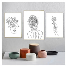 Load image into Gallery viewer, Black White Canvas Painting Wall Art Line Drawing Girl Home Decor Minimalist Simple Fashion Poster Women Flower Leaf Body Sketch