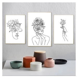 Black White Canvas Painting Wall Art Line Drawing Girl Home Decor Minimalist Simple Fashion Poster Women Flower Leaf Body Sketch