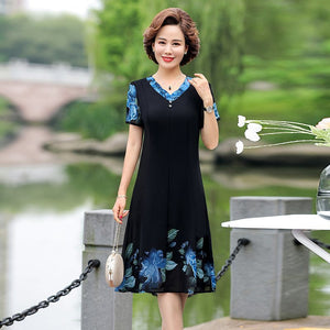 Fashion Printed Chiffon Dresses for Women 2022 Summer Floral Print Short Sleeve Everyday Dresses Casual Loose Middle-aged Woman