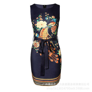 Summer Sexy Slim Print Sleeveless Dress Women's Dress Women's Fashion Round Neck Lace-up High Waist Dress