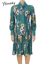 Load image into Gallery viewer, Women Printed Pleated Dress Long Sleeves with Bowtie Floral Knee Length Elegant Office Ladies Classy Fashion African Female New