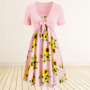 Women Sunflower Print Dress Summer Knotted Short Sleeve Tunic Tops A Line Midi Dress Female Fashion Beach Party Two Pieces Dress