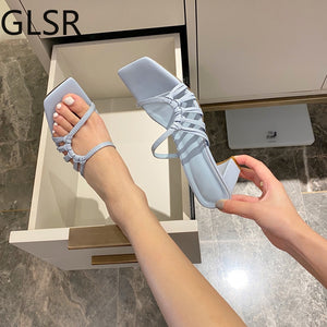 Women Slippers Sexy High Heels Outdoor Slides Women Summer Shoes Sandals Heels Female Square Toe Slipper Designer Brand Slippers