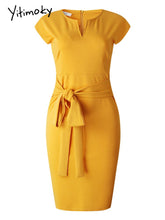 Load image into Gallery viewer, Yellow Elastic Dress Large Size Ladies Women Bodycon Dresses Office Ladies Work Waist Belt Modest Classy African Fashion XXXL XL