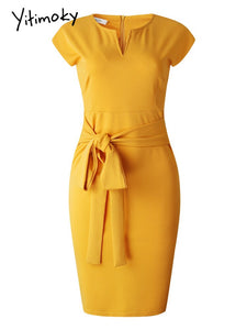 Yellow Elastic Dress Large Size Ladies Women Bodycon Dresses Office Ladies Work Waist Belt Modest Classy African Fashion XXXL XL
