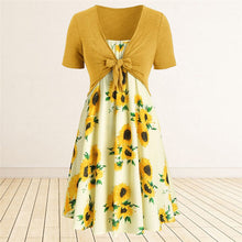 Load image into Gallery viewer, Women Sunflower Print Dress Summer Knotted Short Sleeve Tunic Tops A Line Midi Dress Female Fashion Beach Party Two Pieces Dress