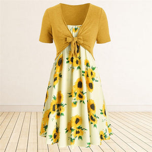 Women Sunflower Print Dress Summer Knotted Short Sleeve Tunic Tops A Line Midi Dress Female Fashion Beach Party Two Pieces Dress