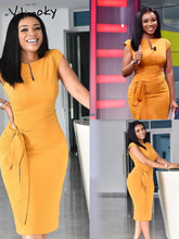 Load image into Gallery viewer, Yellow Elastic Dress Large Size Ladies Women Bodycon Dresses Office Ladies Work Waist Belt Modest Classy African Fashion XXXL XL