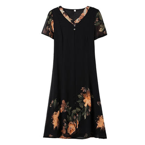 Fashion Printed Chiffon Dresses for Women 2022 Summer Floral Print Short Sleeve Everyday Dresses Casual Loose Middle-aged Woman