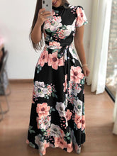 Load image into Gallery viewer, Women Summer Short Sleeve Flower Print Long Dress Casual Slim Sashes O-neck High Waist Robe Party Maxi Vestidos Plus Size 2022