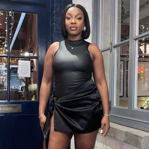 Women Faux Leather PU Bodycon Midi Mini Dress Suit with Tie Up Skirt Matching Two 2 Piece Set Outfits 2022