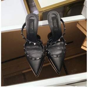 Real Leather Star Style Luxury Brand Rivet Women High Heel Summer Sandals Thin Heel Lady Wedding Shoes Pointed Toe Fashion Pumps