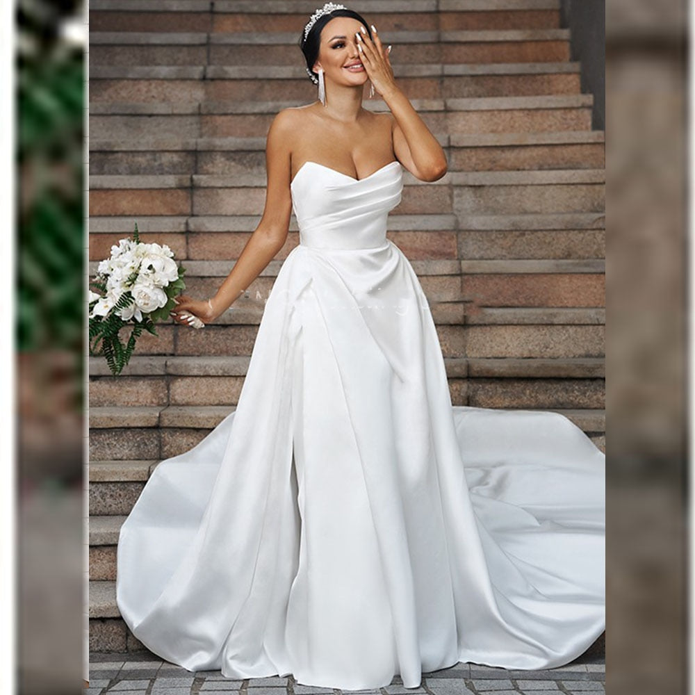 Princess  Vestido De Novia Satin Sweetheart Wedding Dress For Women Elegant With Deteable Train Bridal Gowns White Robe De Marie