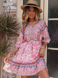 Vintage Women V-neck 5-Sleeve Bohemian Dress 2022 Spring And Summer Casual Printing Party Miniskirt Women fashion Beach Dress