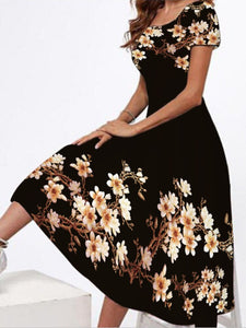 Summer Fashion Loose Casual Round Neck Short Sleeve Long Beach Retro Printed Long Skirt Big Swing Dress Oversize Dresses Women