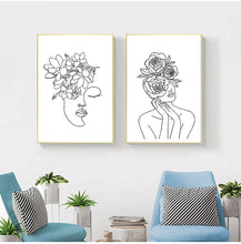 Load image into Gallery viewer, Wall Art Line Drawing Girl Print Minimalist Simple Fashion Poster Women Flower Leaf Body Sketch  Black White Canvas Painting