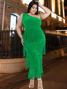 Plus Size Dresses Elegant Chic Tassel Summer Sleevleess Evening Party Dress for Women Fashion One Shoulder Boacyon African Dress