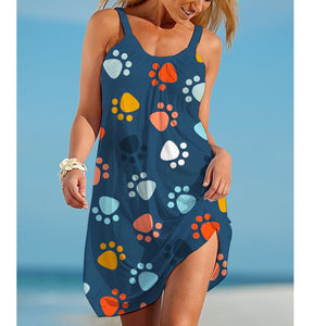 Hot animal footprints Printed Dress wide side suspender low round neck A-line skirt slim  women's clothing fashion beach skirt