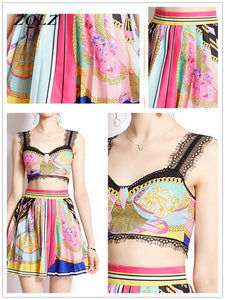 ZQLZ 2022 Women Summer 2 Piece Skirt Sets Fashion Sleeveless Cup Padded Lace Stitching Crop Top + Retro Print Mini Pleated Skirt