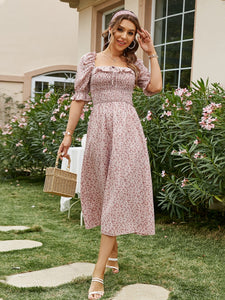 Summer Fashion Elegant Bubble Sleeve High Waist Dress Commuter Pastoral Temperament Dress A-LINE Office Lady Dress for Women