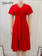 Load image into Gallery viewer, Women Pleated Dresses High Waist Short Sleeves A Line Modest African Office Ladies Work Wear Date Elegant Classy Robes Vestidos