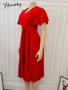 Women Pleated Dresses High Waist Short Sleeves A Line Modest African Office Ladies Work Wear Date Elegant Classy Robes Vestidos