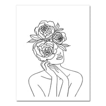 Load image into Gallery viewer, Wall Art Line Drawing Girl Print Minimalist Simple Fashion Poster Women Flower Leaf Body Sketch  Black White Canvas Painting