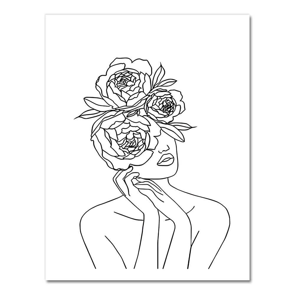 Wall Art Line Drawing Girl Print Minimalist Simple Fashion Poster Women Flower Leaf Body Sketch  Black White Canvas Painting