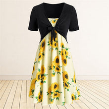 Load image into Gallery viewer, Women Sunflower Print Dress Summer Knotted Short Sleeve Tunic Tops A Line Midi Dress Female Fashion Beach Party Two Pieces Dress